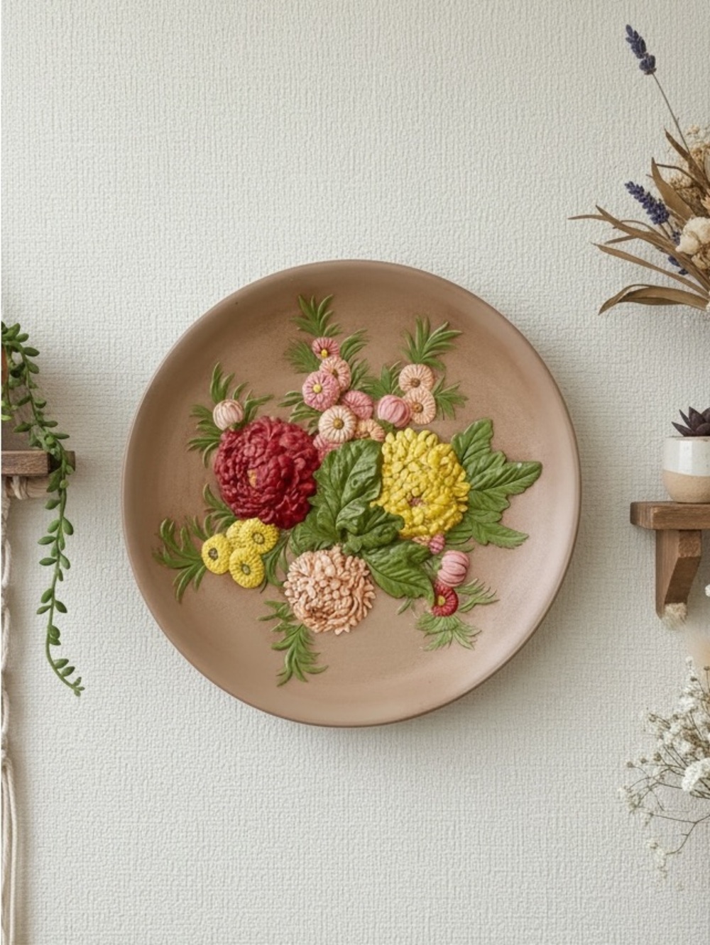 Vintage 70’s Handpainted Chalkware Floral Decorative Plate Cottagecore Farmhouse